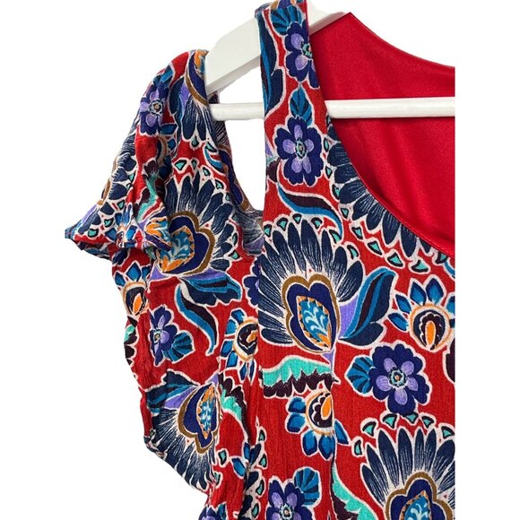 Everly Red Floral Cold Shoulder Mini Dress Boho Festival Small - Picture 5 of 12
